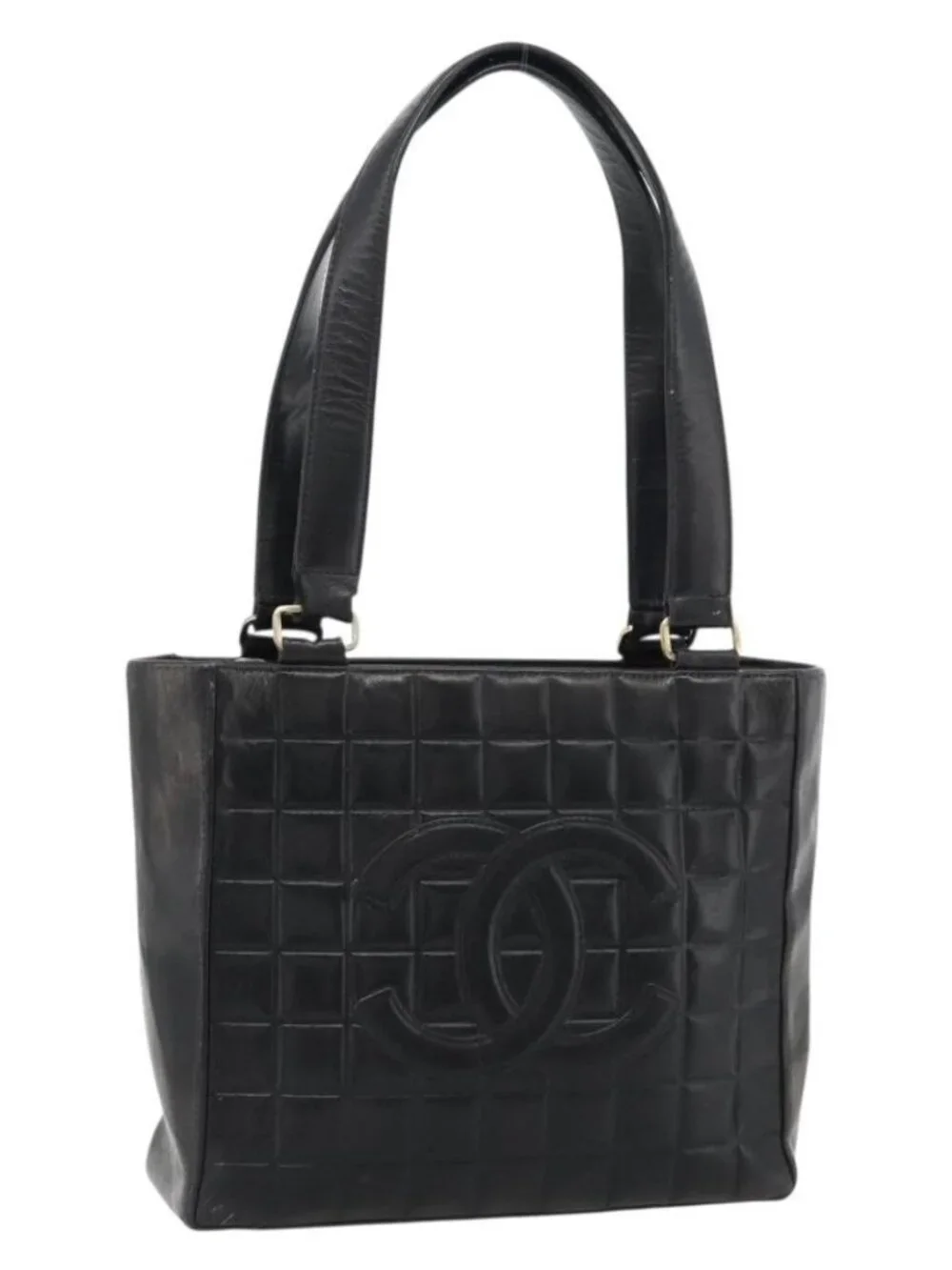 CHANEL Choco Bar Hand Bag Leather Black Gold CC Auth bs35341
